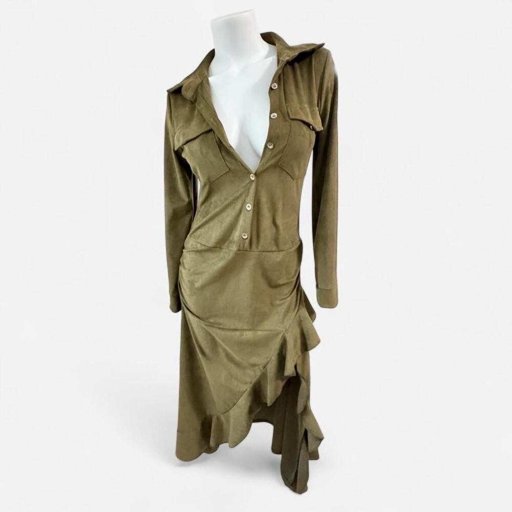 Green velvet button-up dress with ruffle women small whimsigoth witchcore gypsy